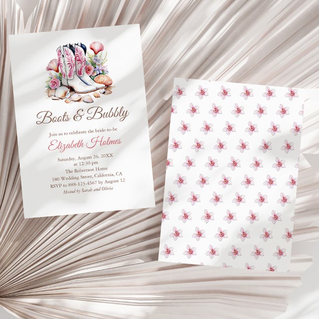 Boots och Bubly Costal Cowgirl Möhippa Invi Inbjudningar (Boots and Bubbly Costal Cowgirl Bridal Shower Invi Invitation on a sunny white dry palm leaf.)