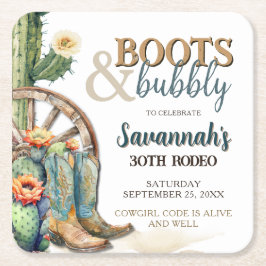 Boots och Bubly Land Cowgirl Cactus Birthday Underlägg Papper Kvadrat