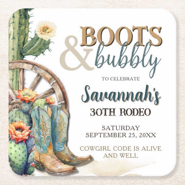 Boots och Bubly Land Cowgirl Cactus Birthday Underlägg Papper Kvadrat (Framsidan)