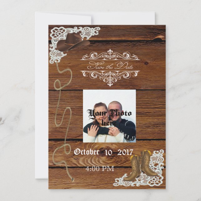 Boots & Snöre Rustic Wood Save Date Spara Datumet (Framsida)