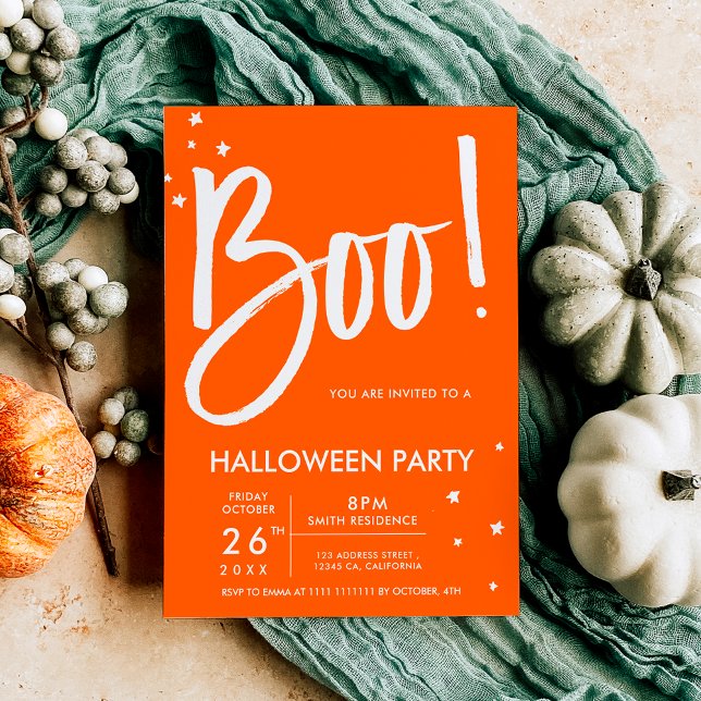 Bootypografi orange Halloween fest stjärnor Helg Vykort (Boo typography orange Halloween party stars Holiday Postcard)