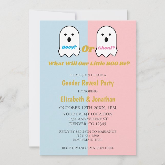 Booy eller Ghoul Halloween Ghost Gender Reveal Inbjudningar (Framsida)