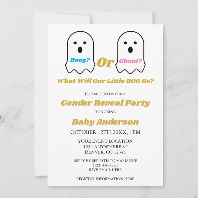 Booy eller Ghoul Halloween Ghost Gender Reveal Inbjudningar (Framsida)