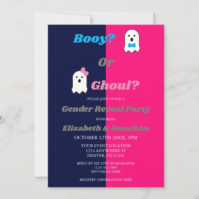 Booy eller Ghoul Halloween Ghost Gender Reveal Inbjudningar (Framsida)