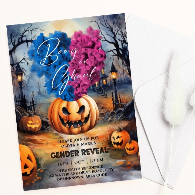 Booy eller Ghoul Halloween Pumpkin Gender Reveal Inbjudningar (Skapare uppladdad)