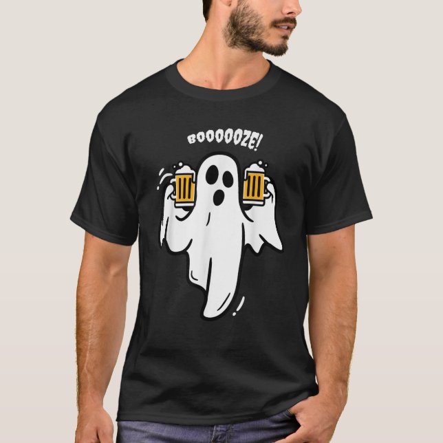 Booze Boo Ghost Drinking Beer Costume Easy Hallowe T Shirt (Framsida)