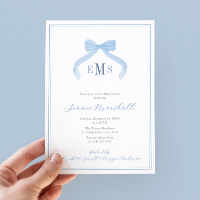 Boppy Monogram Blue Bow Boy Shower Party Inbjudningar (Elegant blue bow monogram baby shower for boy invite with blue white regency stripes backer)