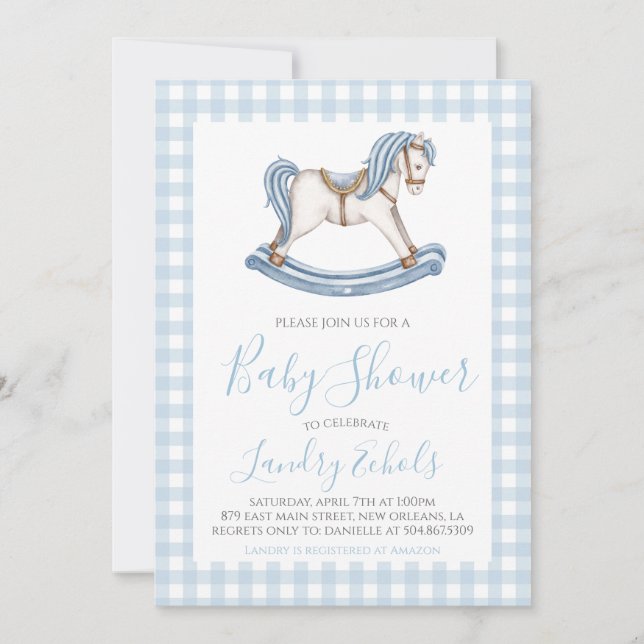 Boppy Rocking Horse Blue Boy Shower Inbjudningar (Framsida)