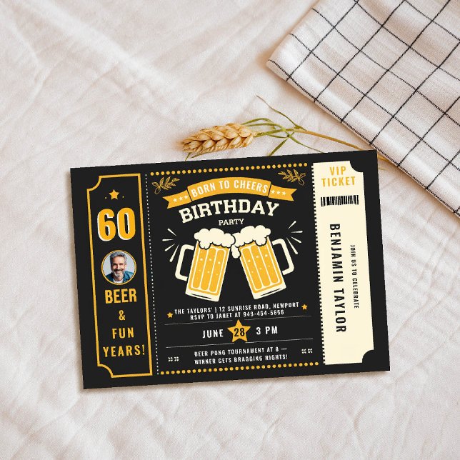 Bör Theme Black Biljett Manar Vuxen Birthday Photo Inbjudningar (men birthday party invitation beer themed cheers photo black yellow orange ticket mugs template)