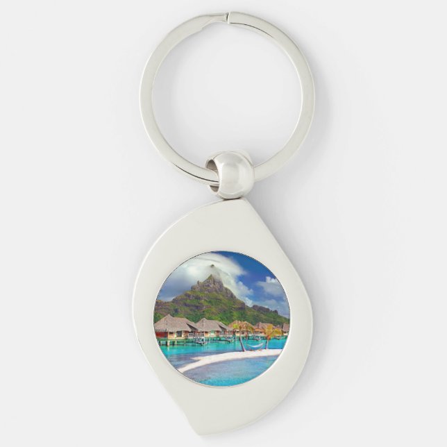 Bora Bora Karibiska ön Swirl Silverfärgad Nyckelring (Framsidan)