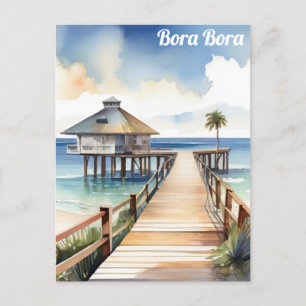 Bora Bora Tropical Beach Resort Watercolor Vykort
