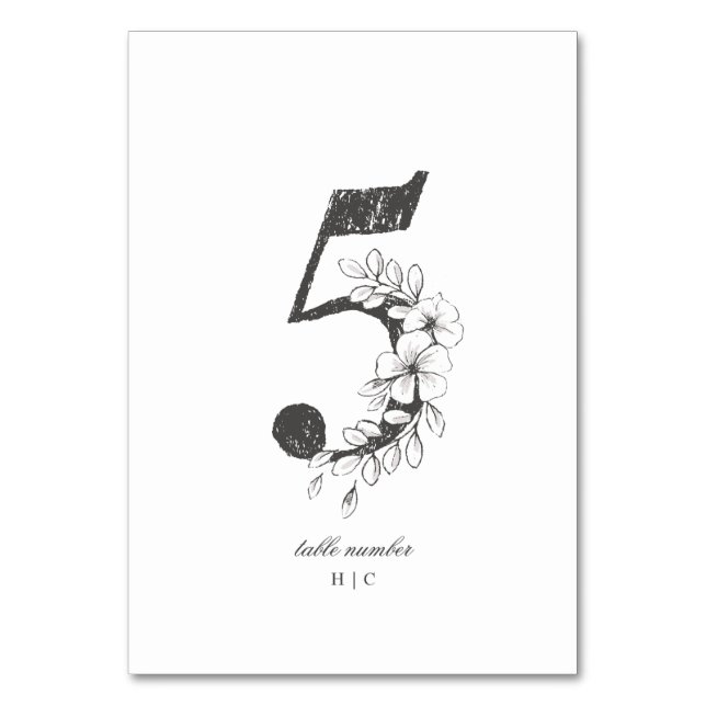 Bord 5 Vackra Blommigtar Sketsad krans Bröllop Bordsnummer (Framsidan)