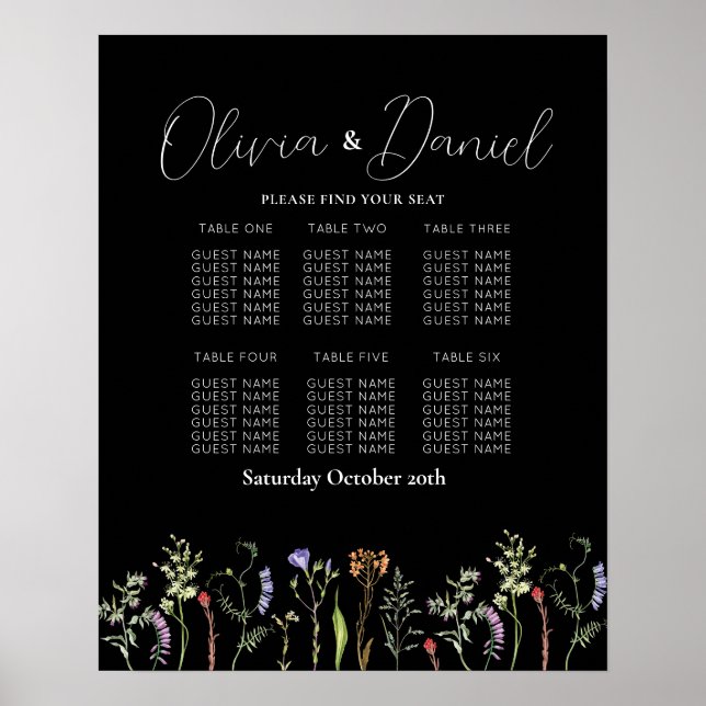 Bord 6 Mörken Bröllop Wildblommor Poster (Framsidan)