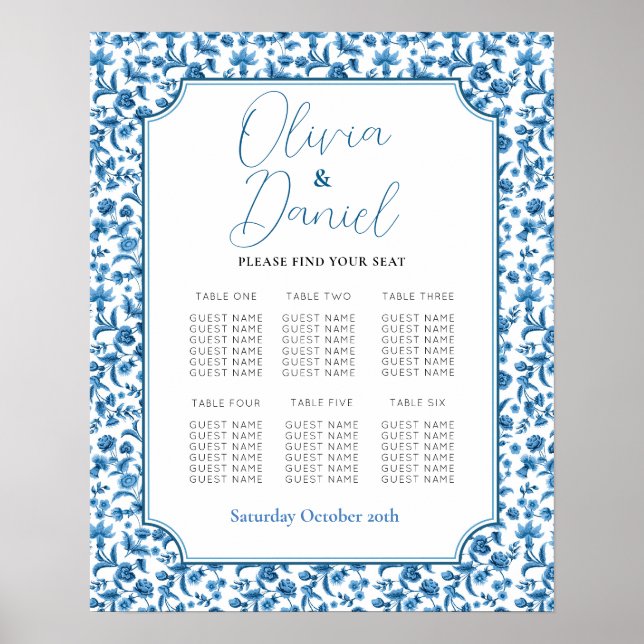Bord 6 Sätesplan Bröllop Chintz Blue & White Poster (Framsidan)