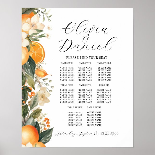Bord Bröllop, 8 Blommigtar Citrus Orangar Poster (Framsidan)