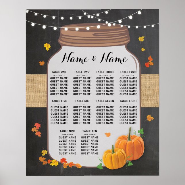 Bord Bröllop Pumpkin Fall Chalk Poster sittplats (Framsidan)