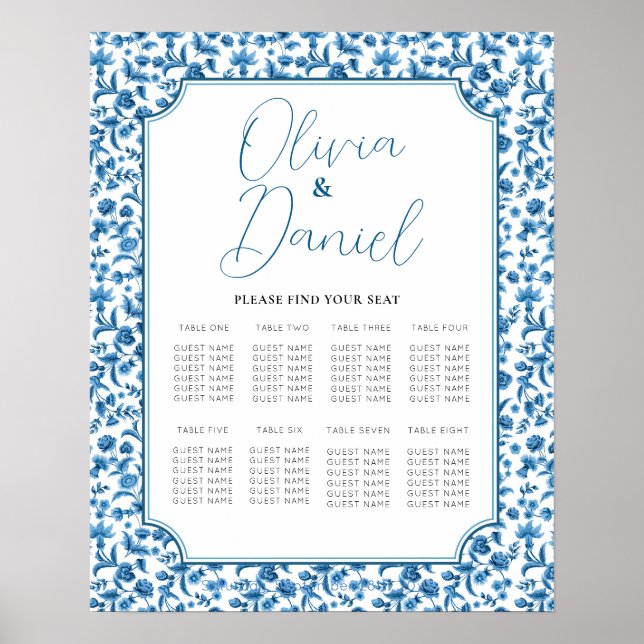 Bord Bröllop, sittplats 8 Chintz Blue & White Blom Poster (Framsidan)