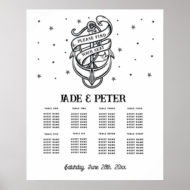 Bord Bröllop, sittplats 8, traditionell Tattoankar Poster (Framsidan)