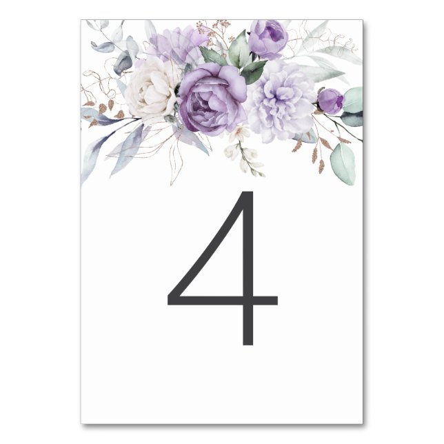Bord Fyra Lila  med vattenfärg Blommigt Bröllop Bordsnummer (Framsidan)