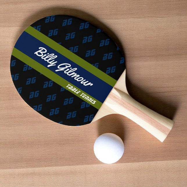 Bord tennis med namn i blått/grönt rand pingisracket (Skapare uppladdad)