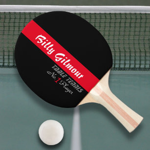 Bord tennis med namn i ett rött rand, coola pingisracket