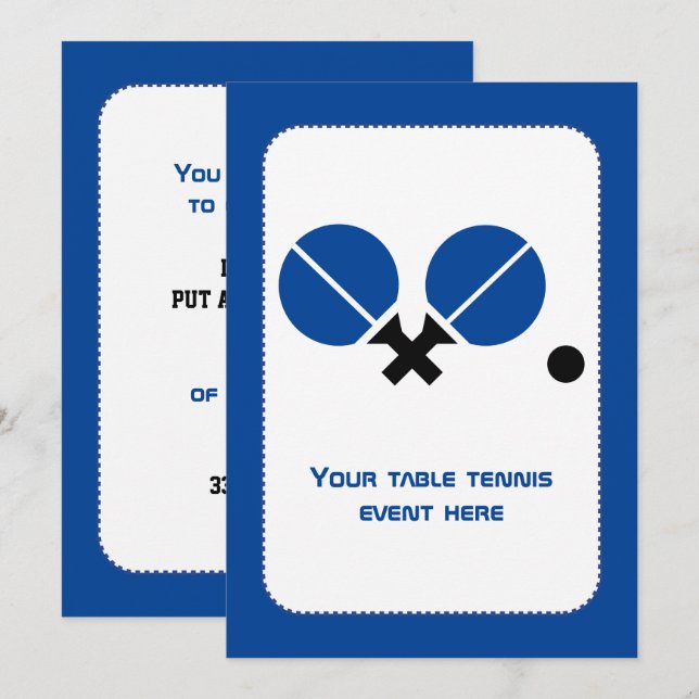 Bord tennis ping-pong rackets och boll svart blått inbjudningar (Fram/baksida)