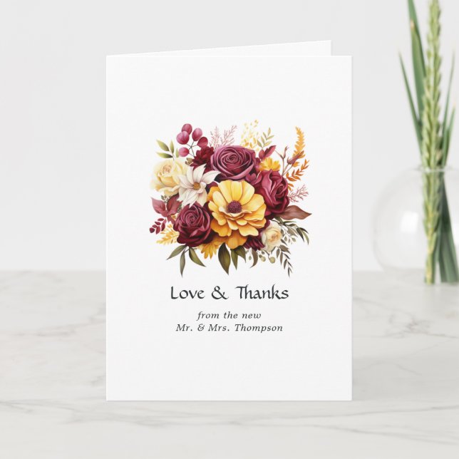 Bordå och gula blommiga bröllop tack kort (Framsida)