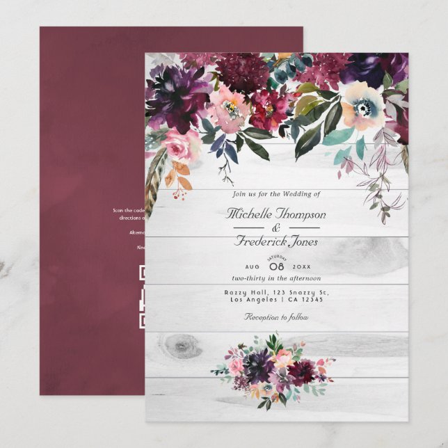 Bordeaux Blomsterträdgård QR-kod RSVP Bröllopsinbj Inbjudningar (Fram/baksida)