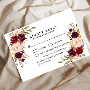Bordeaux Blush Moody Blommig Bröllops-RSVP-kort OSA Kort