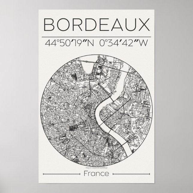 Bordeaux Charcoal City Map Poster – Minimal French (Framsidan)