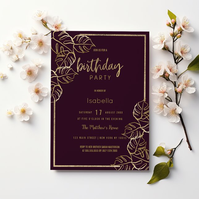 Bordeaux deep rik red guld blommigt Birthday Inbjudningar (Bordeaux deep rich red gold floral Birthday)
