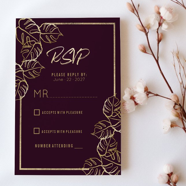 Bordeaux deep rik red guld blommigt Bröllop OSA Inbjudningar (Bordeaux deep rich red gold floral Wedding RSVP)