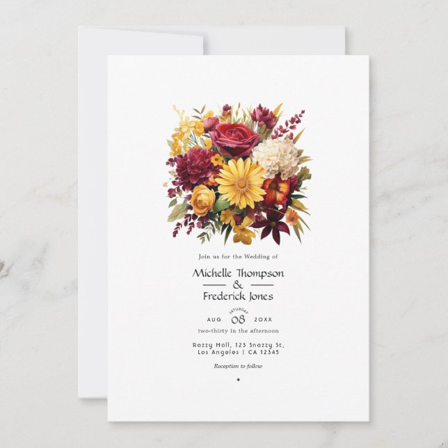 Bordeaux och gula blommor Bröllops QR-kod Inbjudningar (Framsida)