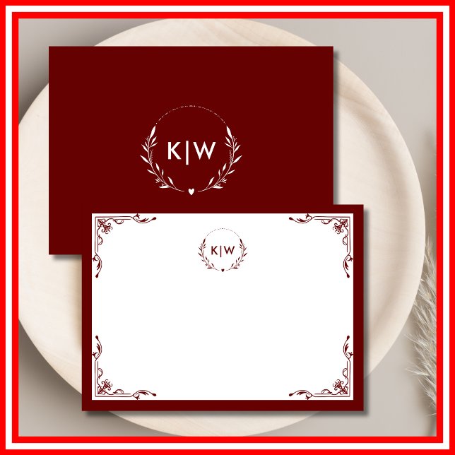 Bordeaux och White | Modern Initialer Monogram Anteckningskort (Skapare uppladdad)