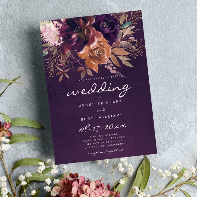 Bordeaux orange rosa guld blommig höstbröllop inbjudningar (Bordeaux orange pink gold floral fall wedding)