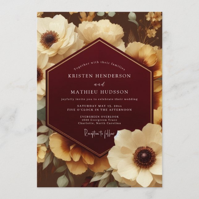 Bordeaux Ornate Botanical Wedding Inbjudningar (Framsida)