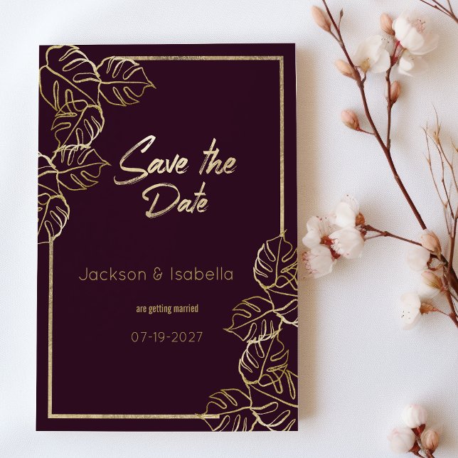 Bordeaux rik red guld blommigt Spara datum Inbjudningar (Bordeaux deep rich red gold floral Save the Date)
