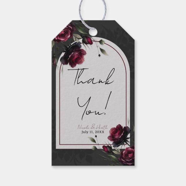 Bordeaux Röd ros Shadowy Grått Blommigt Bröllop Presentetikett (Framsidan)