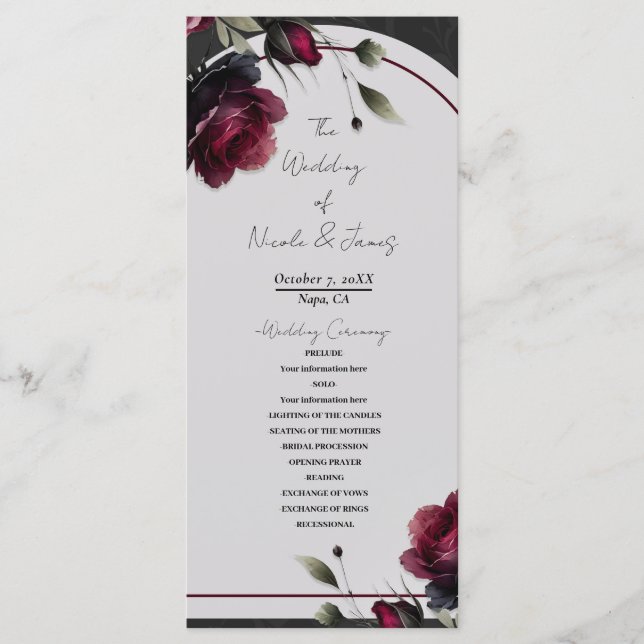 Bordeaux röda rosor skuggig grå blomklänning bröll program (Framsida)