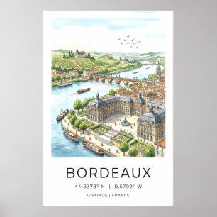 Bordeaux Stad Konsttryck Handritad Flodscen Poster