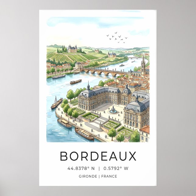 Bordeaux Stad Konsttryck Handritad Flodscen Poster (Framsidan)