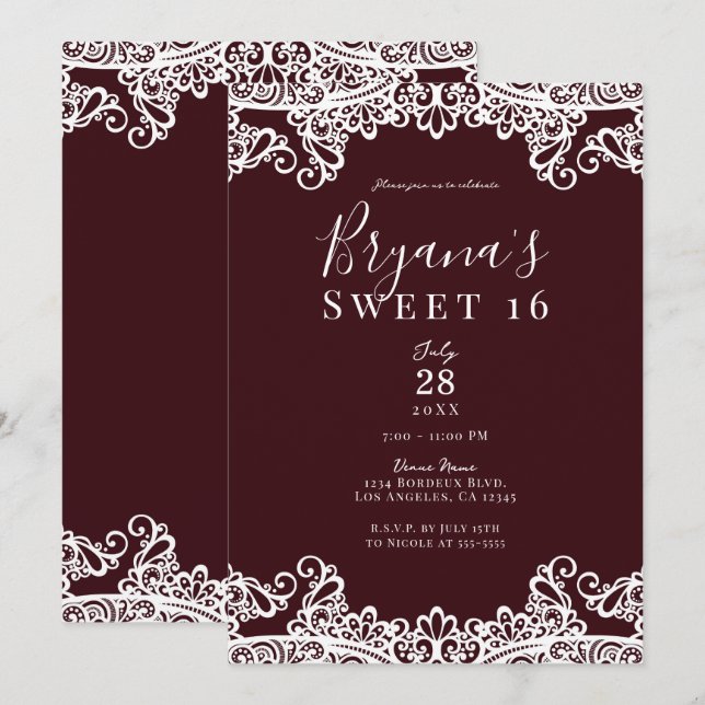 Bordeaux Vin Vitt Spetsig Elegant Söt 16 Födelseda Inbjudningar (Fram/baksida)