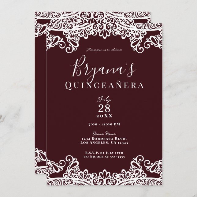 Bordeaux Vin & White Snöre Elegant Quinceañera Inbjudningar (Fram/baksida)