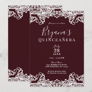 Bordeauxvin & Vitt Spetsigt Elegant Quinceañera Inbjudningar