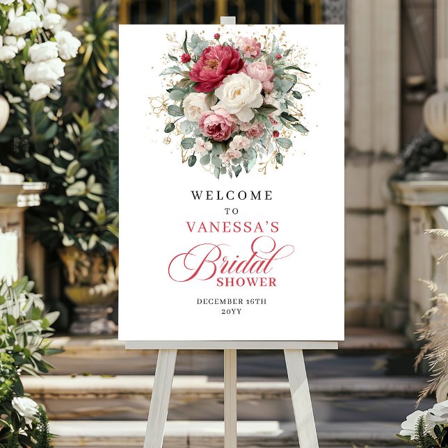 Bordellärgs Rosa Guld Bröllopsdusch Välkomstskylt Poster (Burgundy Blush Gold Bridal Shower Welcome Sign)