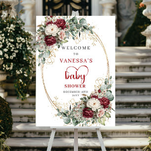 Bordellröda Blommig Guld Bebis Shower Välkomstskyl Poster