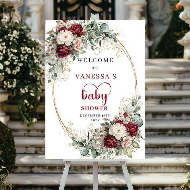 Bordellröda Blommig Guld Bebis Shower Välkomstskyl Poster (Burgundy Floral Gold Baby Shower Welcome)