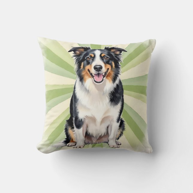 Border Collie Akvarell Radial Burst Konst Kudde (Framsida)