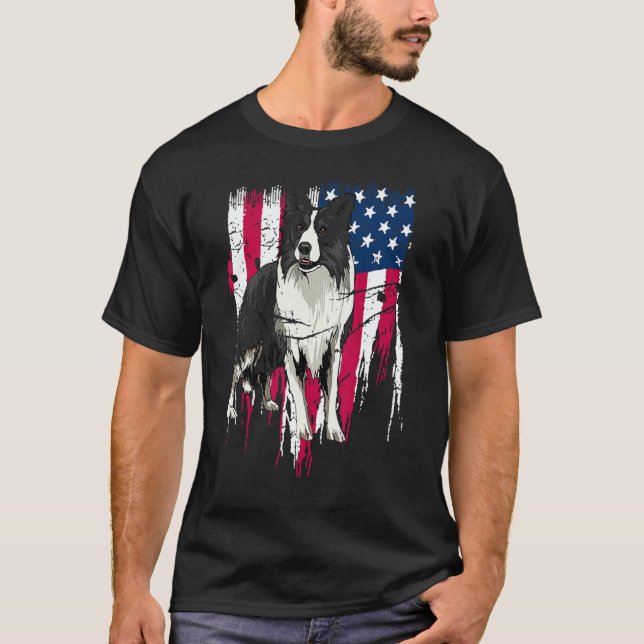 Border Collie American Flag USA Awesome T Shirt (Framsida)