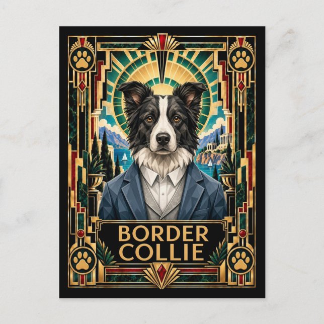 Border Collie, Art Deco Hund Vykort (Framsida)